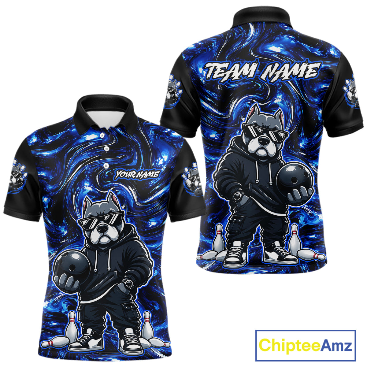 Front and back views of a short-sleeve black and blue graphic bowling t-shirt featuring a cartoon dog mascot holding a bowling ball, with customizable text placeholders on the front and back.