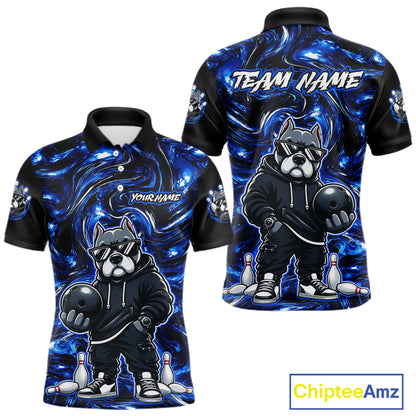 Front and back views of a short-sleeve black and blue graphic bowling t-shirt featuring a cartoon dog mascot holding a bowling ball, with customizable text placeholders on the front and back.