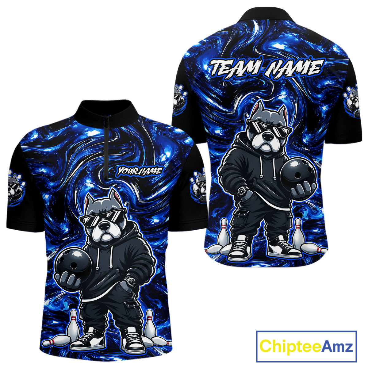 Front and back views of a short-sleeve black and blue graphic bowling t-shirt featuring a cartoon dog mascot holding a bowling ball, with customizable text placeholders on the front and back.