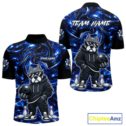 Front and back views of a short-sleeve black and blue graphic bowling t-shirt featuring a cartoon dog mascot holding a bowling ball, with customizable text placeholders on the front and back.