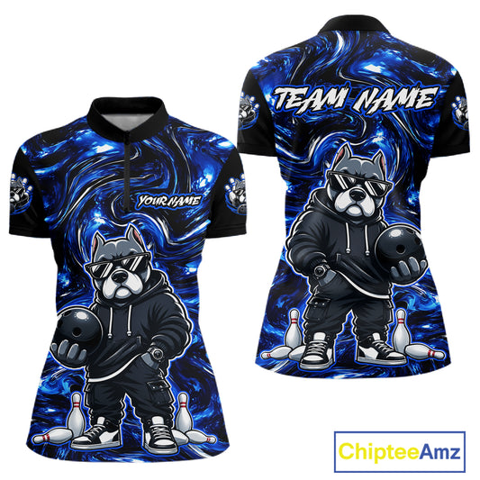 Custom Blue American Bully Dog Bowling Shirts For Women Bowling Team Jerseys Bowling League HNT600