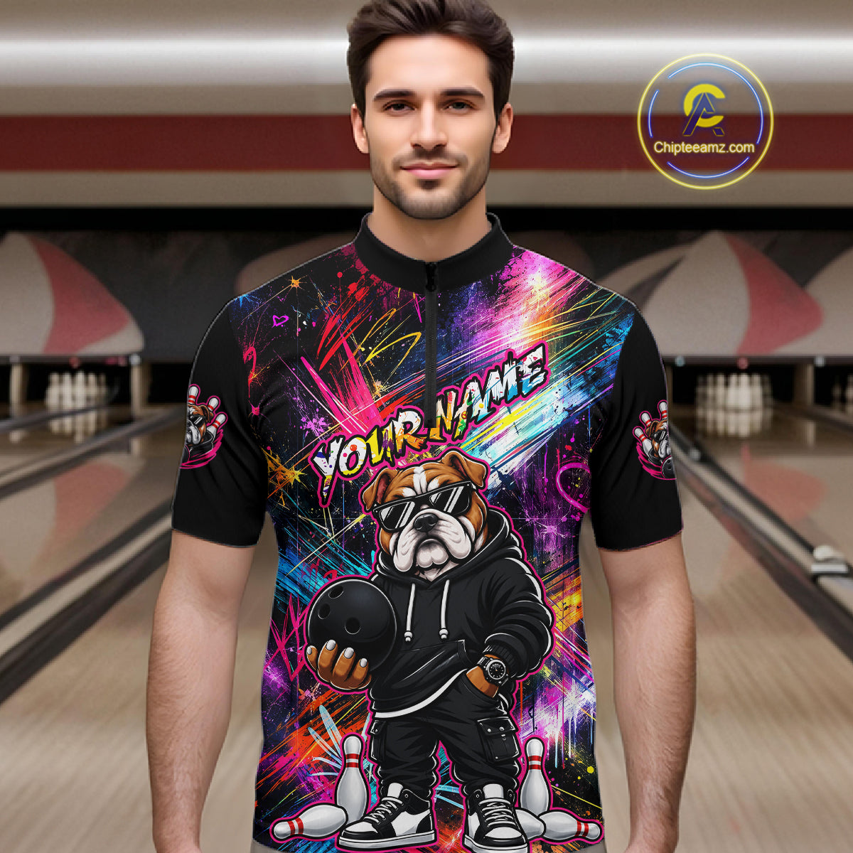 Custom Bulldog Graffiti Bowling Shirts For Men Bowling Team Jerseys Bowling League HNT601