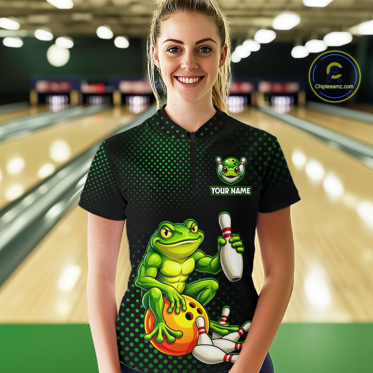 Custom Funny Frog Bowling Jersey for Women Bowling Team Shirts Bowling League Polo & 1/4 Zip HNT246
