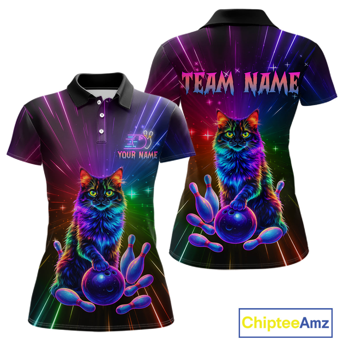 Custom Funny Cat Neon Colorful Bowling Jersey for Women Bowling Uniform Bowling Team Shirts HNT281