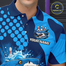 Load image into Gallery viewer, Blue and navy bowling shirt with shark design and customizable text on a person wearing it.