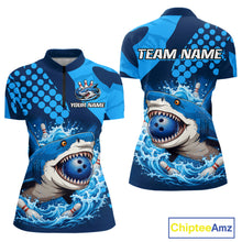 Load image into Gallery viewer, Blue and white sports jersey with shark design and customizable text on a white background