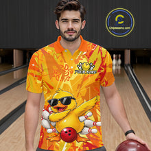 Load image into Gallery viewer, Man wearing a vibrant polo shirt with a duck graphic in a bowling alley.