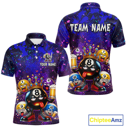 Front and back views of a short-sleeve polo shirt featuring a colorful cartoon 8-ball pool graphic with smiling numbered balls, beer mugs, and a purple galaxy background. The front shows placeholder text 'YOUR NAME' and the back shows 'TEAM NAME'.