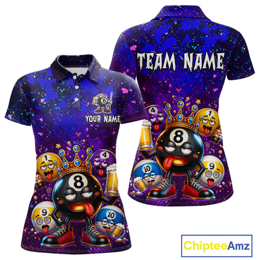 Front and back views of a short-sleeve polo shirt with a vibrant purple and blue 8-ball pool theme. The shirt features cartoon billiard balls with faces, shoes, and beer glasses, along with customizable text placeholders 'YOUR NAME' on the front chest and 'TEAM NAME' on the back collar.