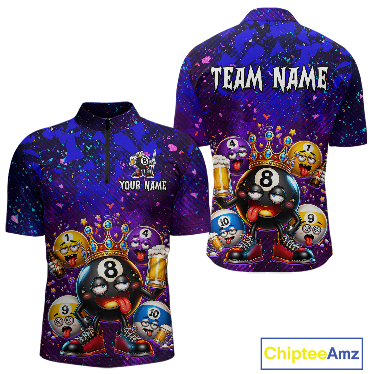 A short-sleeve collared pullover shirt shown from both front and back on a white background. The shirt has a dark purple and black galaxy-style print with cartoon billiard balls wearing crowns and holding beer mugs.