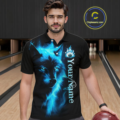 Custom Blue Flame Wolf Bowling Jersey for Men Polo & 1/4 Zip Bowling Team Shirts HNT148