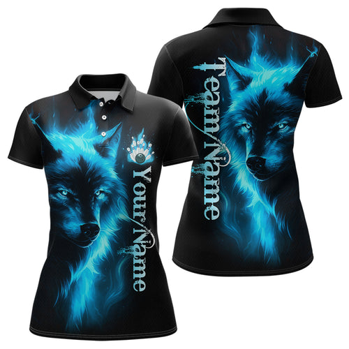 Custom Blue Flame Wolf Bowling Jersey for Women Polo & 1/4 Zip Bowling Team Shirts HNT148