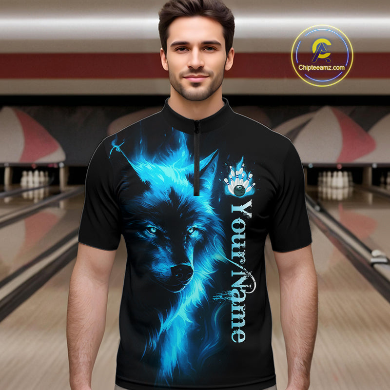 Custom Blue Flame Wolf Bowling Jersey for Men Polo & 1/4 Zip Bowling Team Shirts HNT148