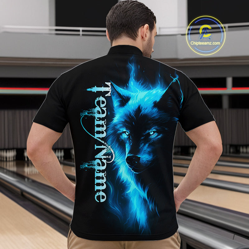 Custom Blue Flame Wolf Bowling Jersey for Men Polo & 1/4 Zip Bowling Team Shirts HNT148