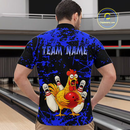 Custom Blue Funny Chicken Bowling Jersey for Men Bowling Uniform Bowling Team Shirts HNT282
