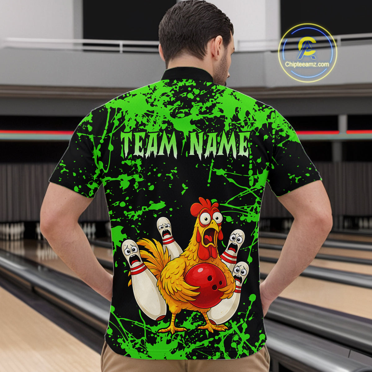 Custom Green Funny Chicken Bowling Jersey for Men Bowling Uniform Bowling Team Shirts HNT282