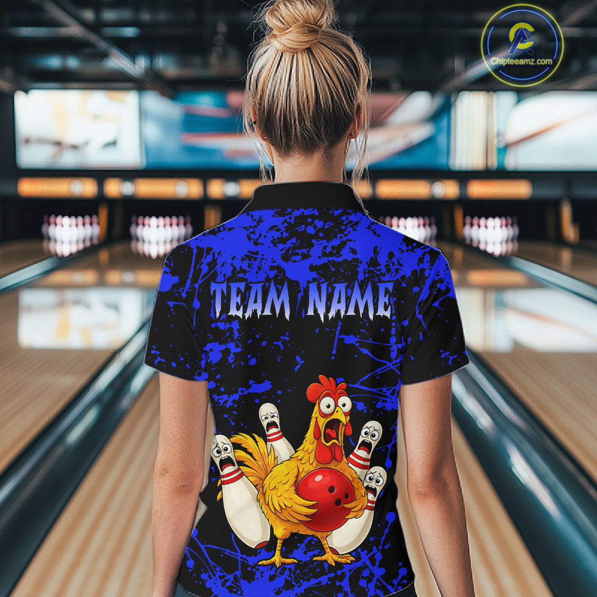 Custom Blue Funny Chicken Bowling Jersey for Women Bowling Uniform Bowling Team Shirts HNT282