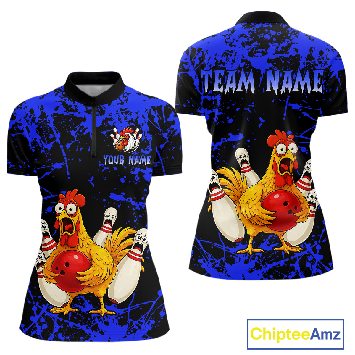 Custom Blue Funny Chicken Bowling Jersey for Women Bowling Uniform Bowling Team Shirts HNT282