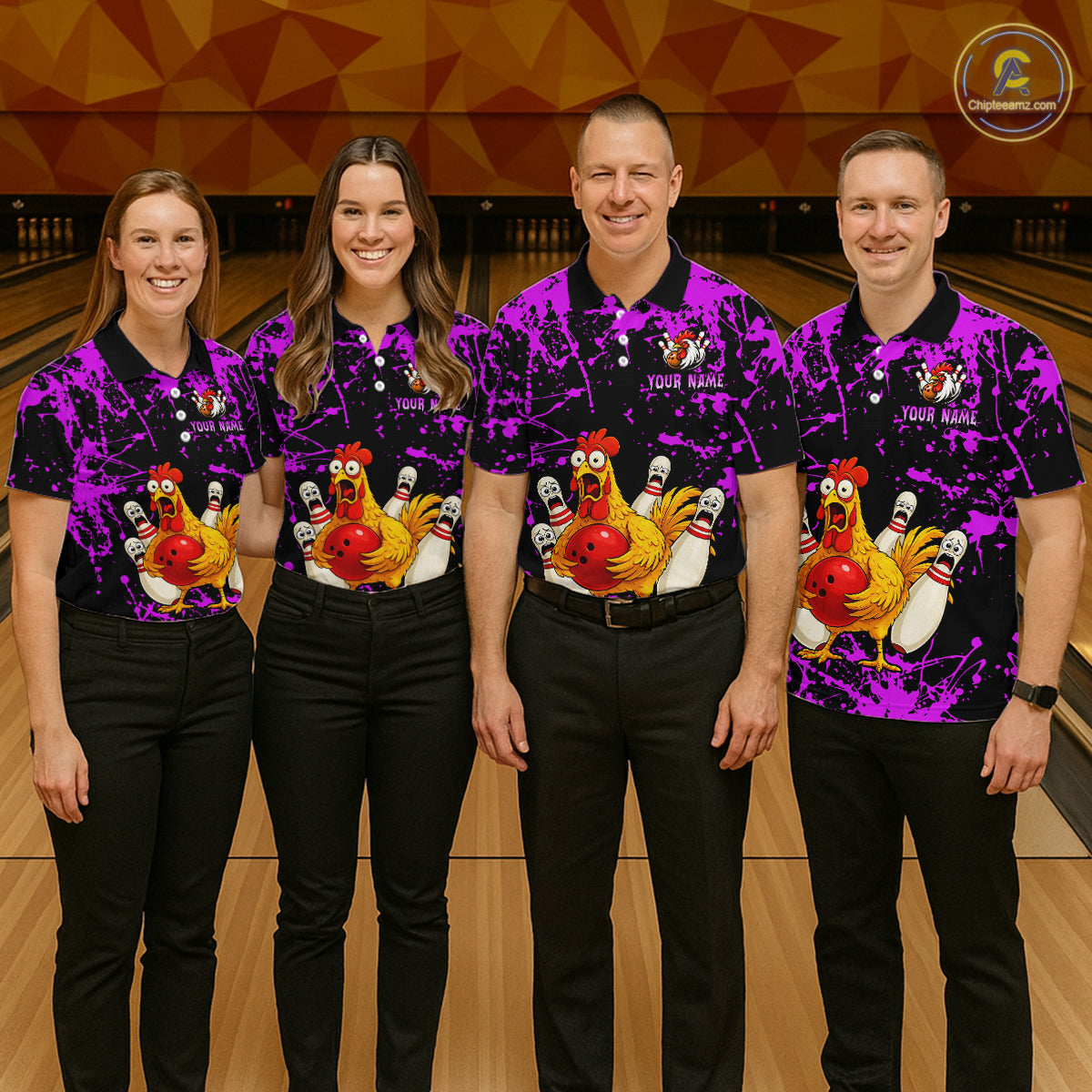 Custom Purple Funny Chicken Bowling Jersey for Men Bowling Uniform Bowling Team Shirts HNT282