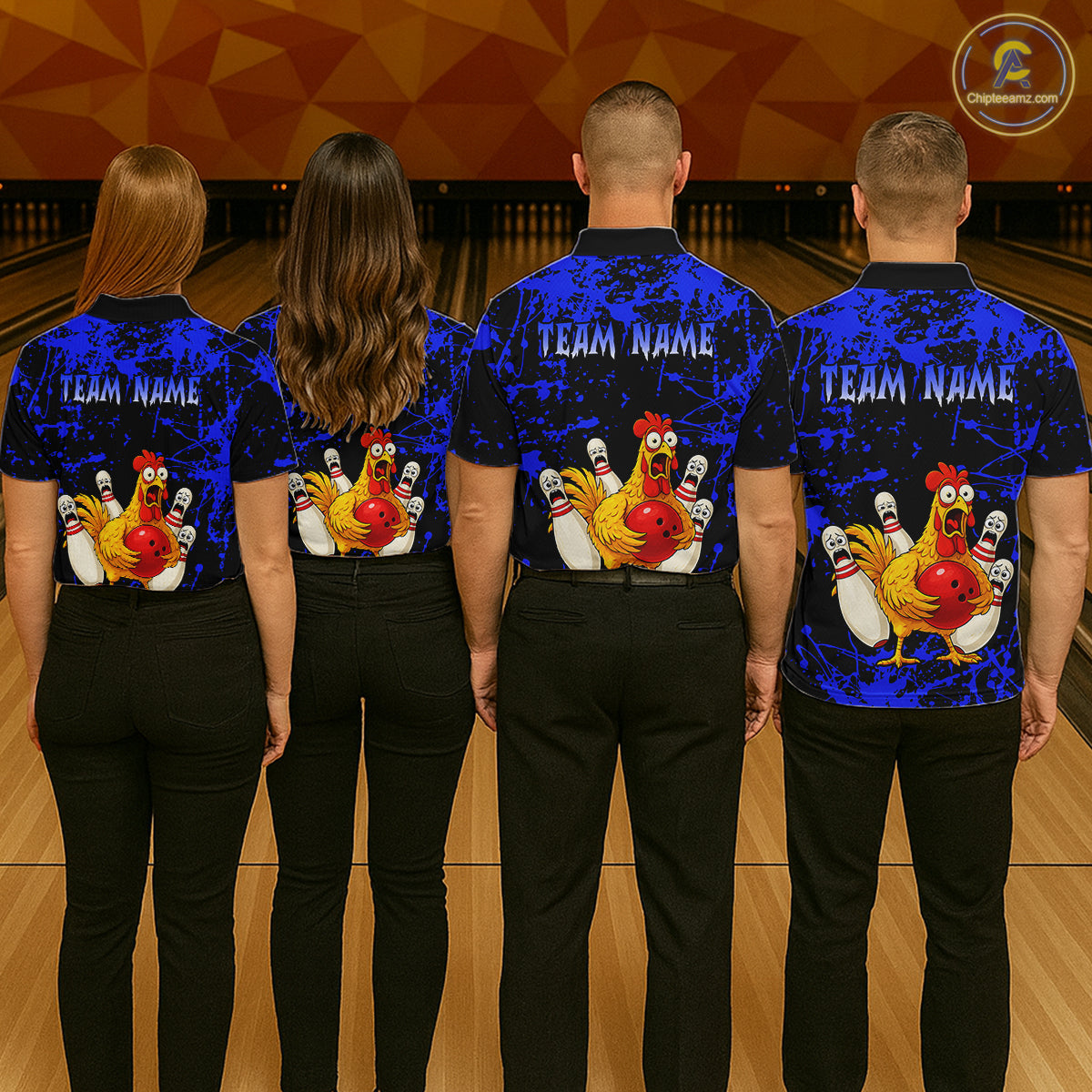 Custom Blue Funny Chicken Bowling Jersey for Women Bowling Uniform Bowling Team Shirts HNT282
