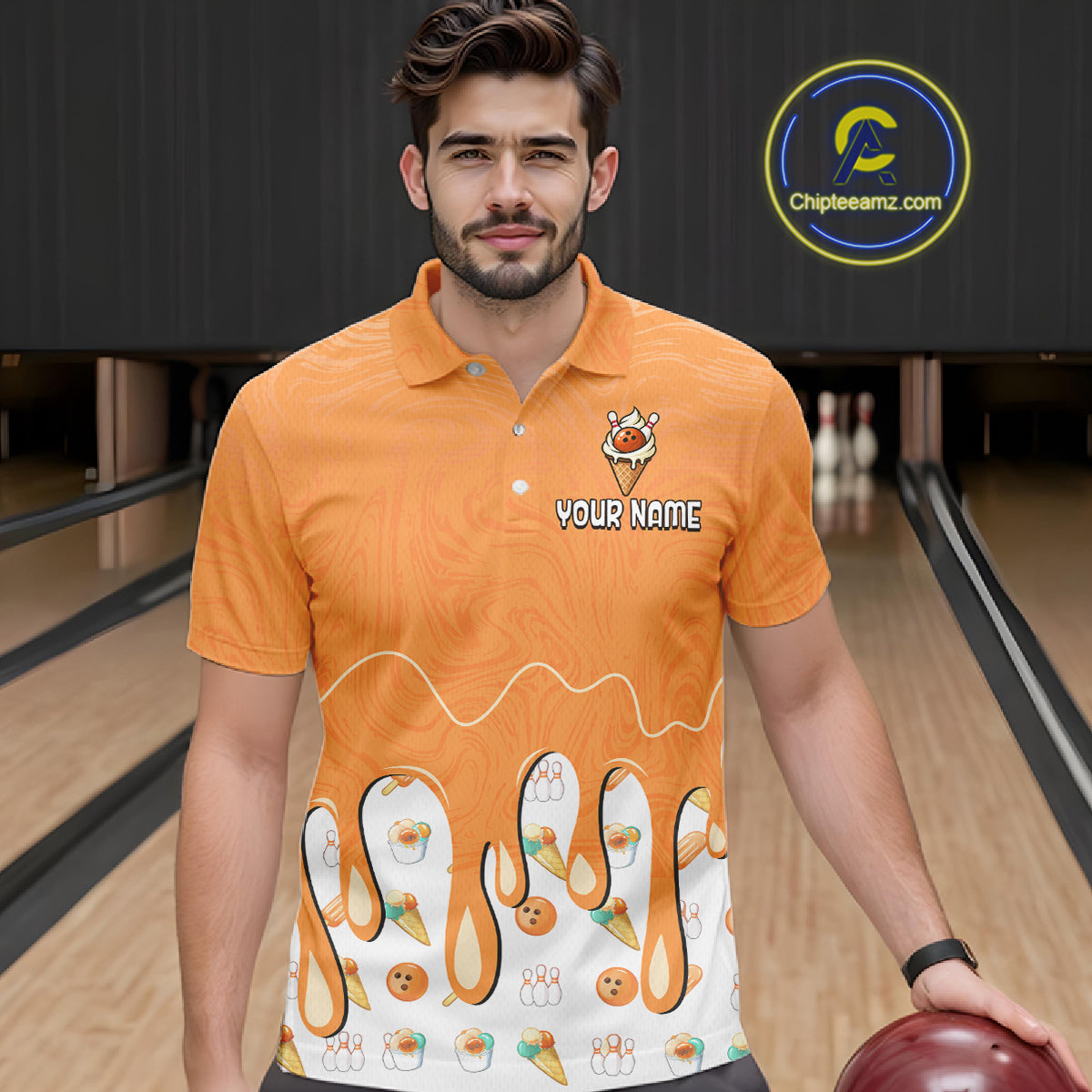 Custom Orange Ice Cream Drip Bowling Ball Pins Bowling Jerseys for Men Team Polo & 1/4 Zip HNT552
