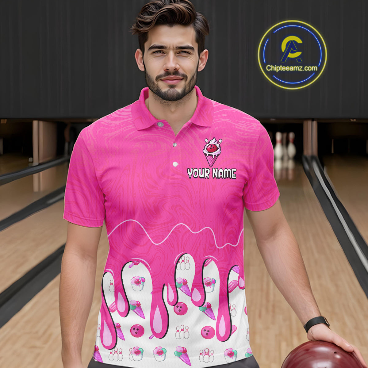 Custom Pink Ice Cream Drip Bowling Ball Pins Bowling Jerseys for Men Team Polo & 1/4 Zip HNT552