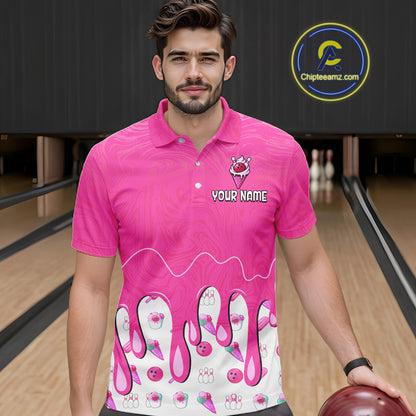 Custom Pink Ice Cream Drip Bowling Ball Pins Bowling Jerseys for Men Team Polo & 1/4 Zip HNT552