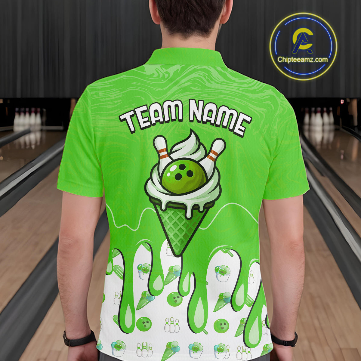 Custom Green Ice Cream Drip Bowling Ball Pins Bowling Jerseys for Men Team Polo & 1/4 Zip HNT552
