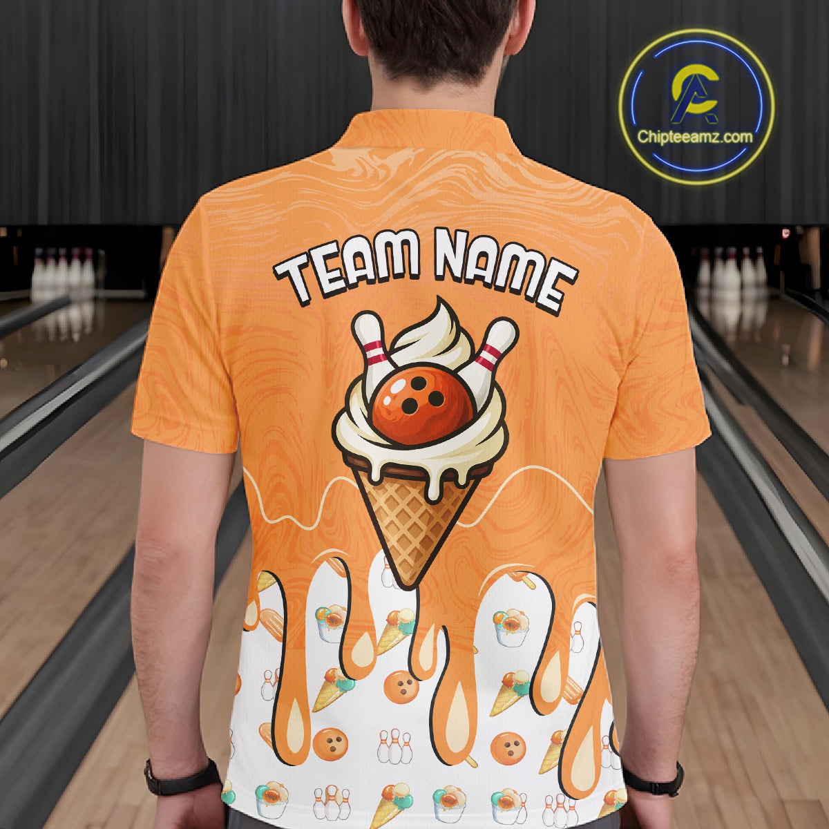 Custom Orange Ice Cream Drip Bowling Ball Pins Bowling Jerseys for Men Team Polo & 1/4 Zip HNT552