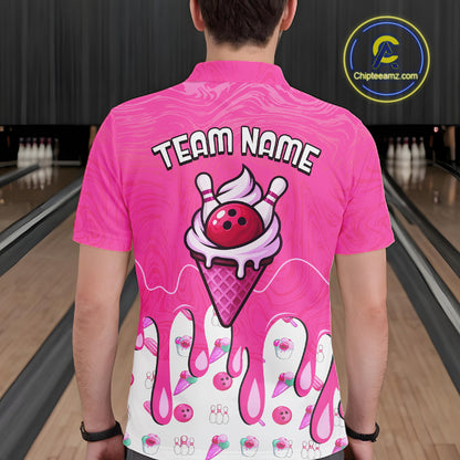 Custom Pink Ice Cream Drip Bowling Ball Pins Bowling Jerseys for Men Team Polo & 1/4 Zip HNT552