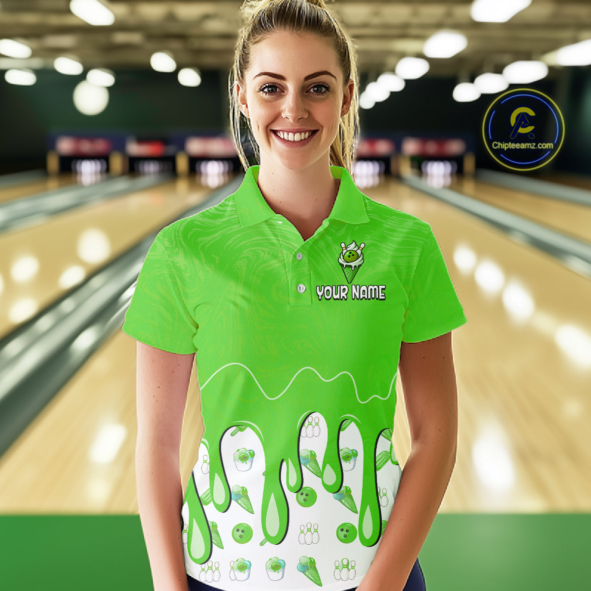 Custom Green Ice Cream Drip Bowling Ball Pins Bowling Jerseys for Women Team Polo & 1/4 Zip HNT552