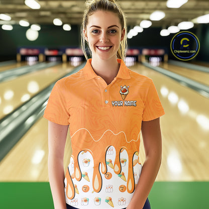 Custom Orange Ice Cream Drip Bowling Ball Pins Bowling Jerseys for Women Team Polo & 1/4 Zip HNT552