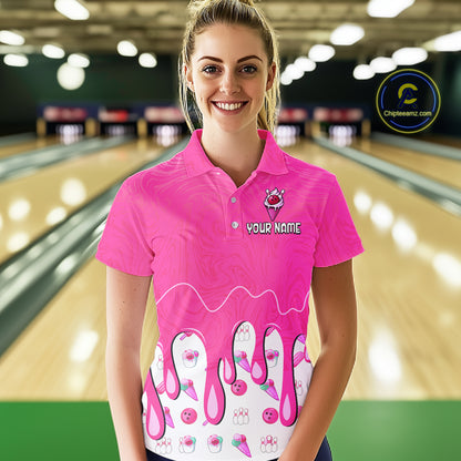 Custom Pink Ice Cream Drip Bowling Ball Pins Bowling Jerseys for Women Team Polo & 1/4 Zip HNT552