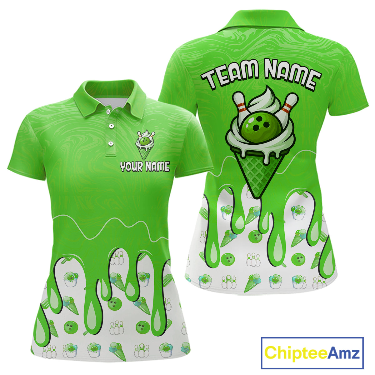Custom Green Ice Cream Drip Bowling Ball Pins Bowling Jerseys for Women Team Polo & 1/4 Zip HNT552