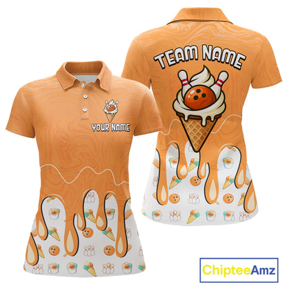Custom Orange Ice Cream Drip Bowling Ball Pins Bowling Jerseys for Women Team Polo & 1/4 Zip HNT552