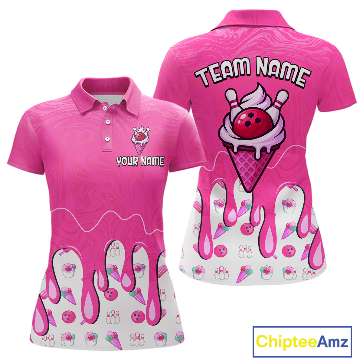 Custom Pink Ice Cream Drip Bowling Ball Pins Bowling Jerseys for Women Team Polo & 1/4 Zip HNT552