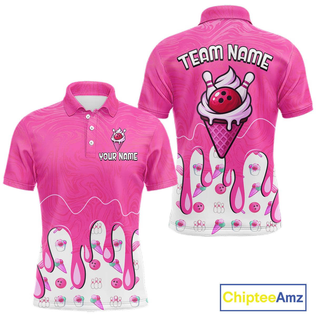 Custom Pink Ice Cream Drip Bowling Ball Pins Bowling Jerseys for Men Team Polo & 1/4 Zip HNT552