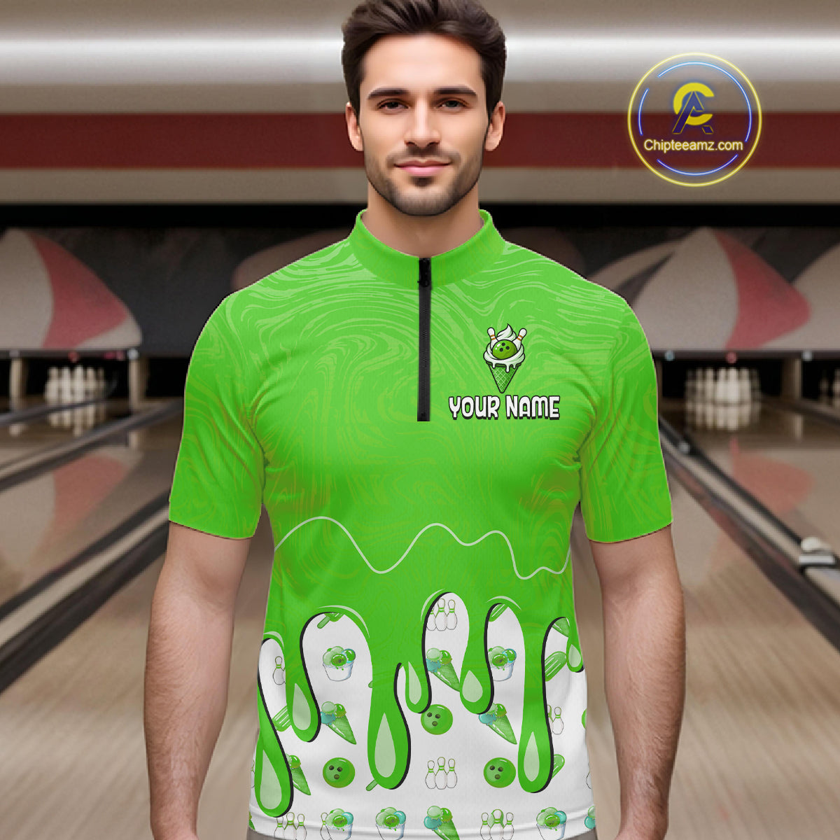 Custom Green Ice Cream Drip Bowling Ball Pins Bowling Jerseys for Men Team Polo & 1/4 Zip HNT552
