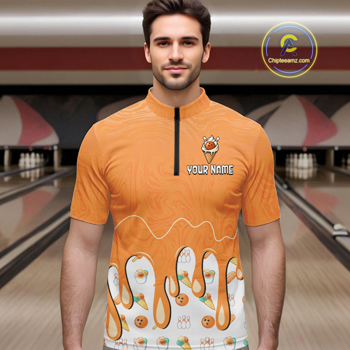 Custom Orange Ice Cream Drip Bowling Ball Pins Bowling Jerseys for Men Team Polo & 1/4 Zip HNT552