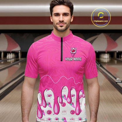Custom Pink Ice Cream Drip Bowling Ball Pins Bowling Jerseys for Men Team Polo & 1/4 Zip HNT552