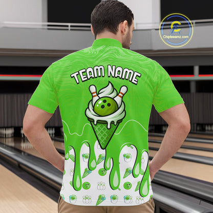 Custom Green Ice Cream Drip Bowling Ball Pins Bowling Jerseys for Men Team Polo & 1/4 Zip HNT552