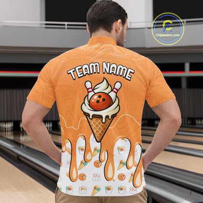 Custom Orange Ice Cream Drip Bowling Ball Pins Bowling Jerseys for Men Team Polo & 1/4 Zip HNT552