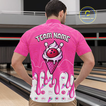 Custom Pink Ice Cream Drip Bowling Ball Pins Bowling Jerseys for Men Team Polo & 1/4 Zip HNT552