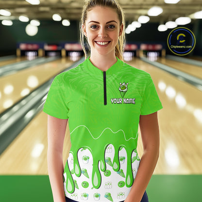 Custom Green Ice Cream Drip Bowling Ball Pins Bowling Jerseys for Women Team Polo & 1/4 Zip HNT552