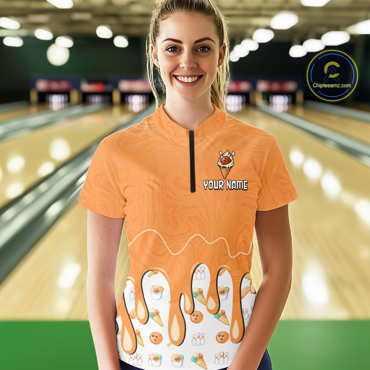 Custom Orange Ice Cream Drip Bowling Ball Pins Bowling Jerseys for Women Team Polo & 1/4 Zip HNT552