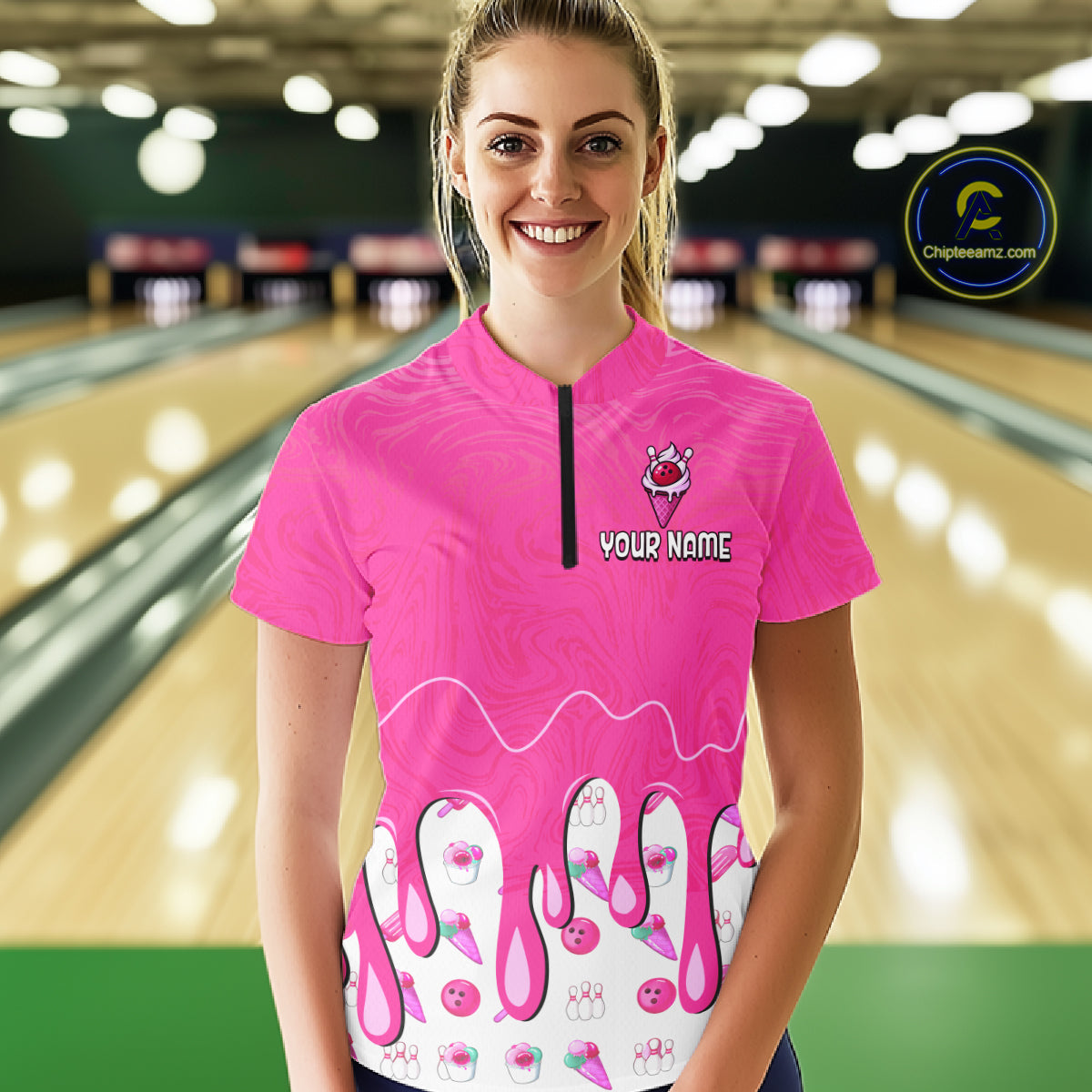 Custom Pink Ice Cream Drip Bowling Ball Pins Bowling Jerseys for Women Team Polo & 1/4 Zip HNT552