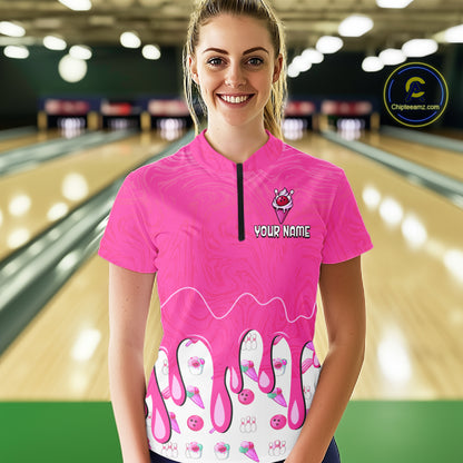Custom Pink Ice Cream Drip Bowling Ball Pins Bowling Jerseys for Women Team Polo & 1/4 Zip HNT552