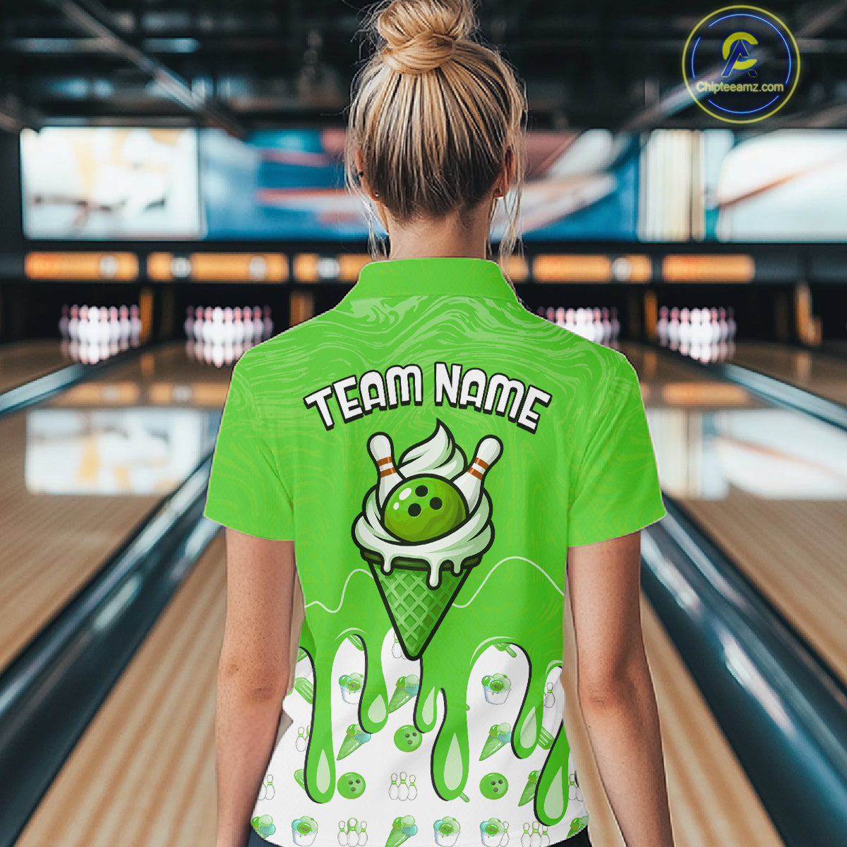Custom Green Ice Cream Drip Bowling Ball Pins Bowling Jerseys for Women Team Polo & 1/4 Zip HNT552