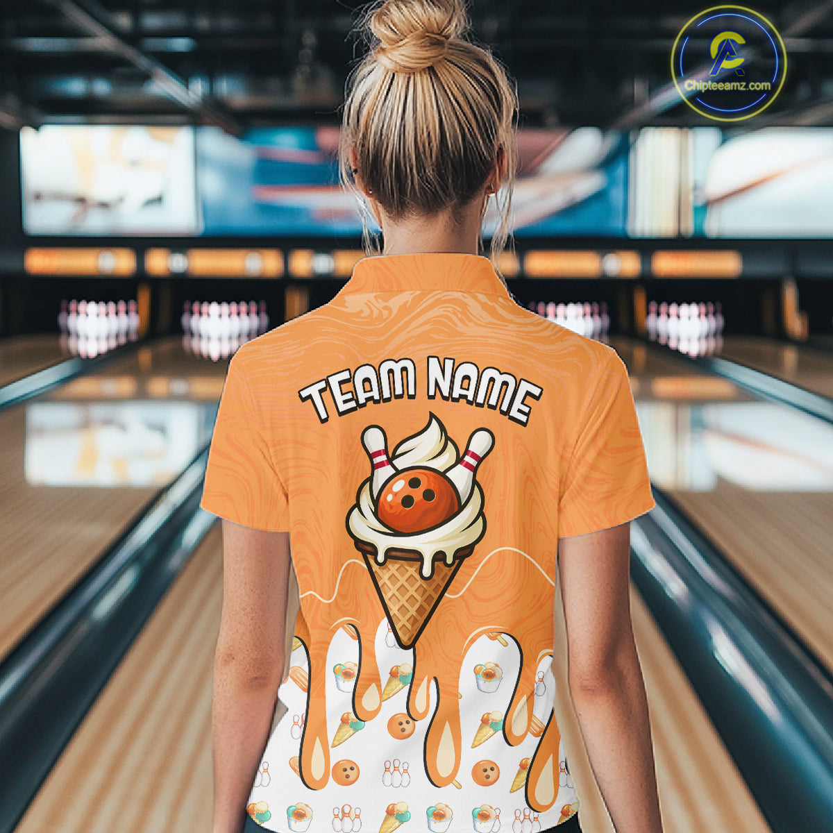Custom Orange Ice Cream Drip Bowling Ball Pins Bowling Jerseys for Women Team Polo & 1/4 Zip HNT552