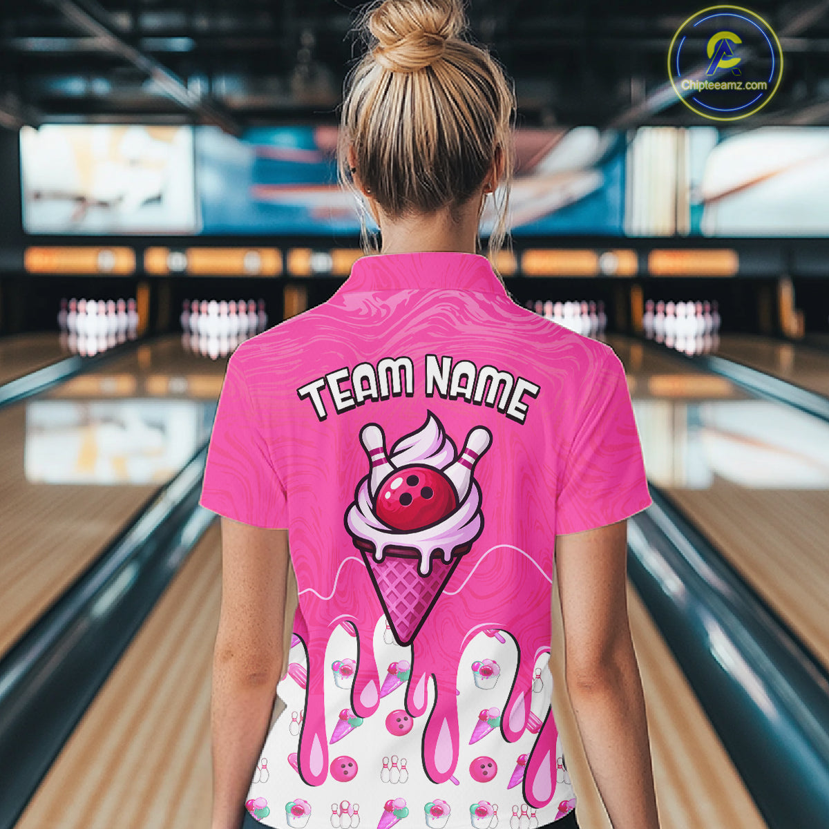 Custom Pink Ice Cream Drip Bowling Ball Pins Bowling Jerseys for Women Team Polo & 1/4 Zip HNT552